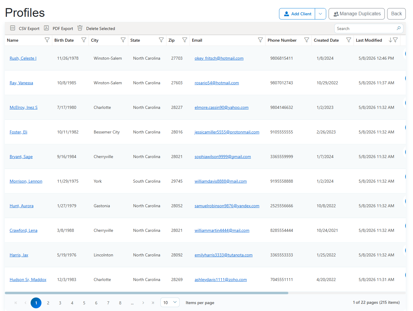 Client Profiles Management Table