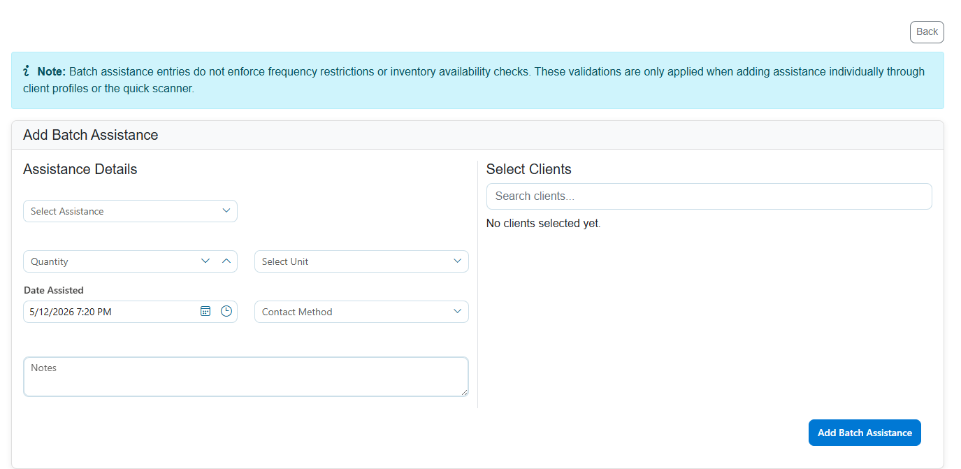Batch Assistance Entry Form