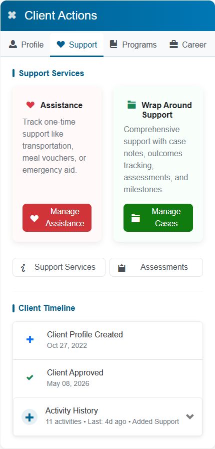 Client Actions - Support Tab