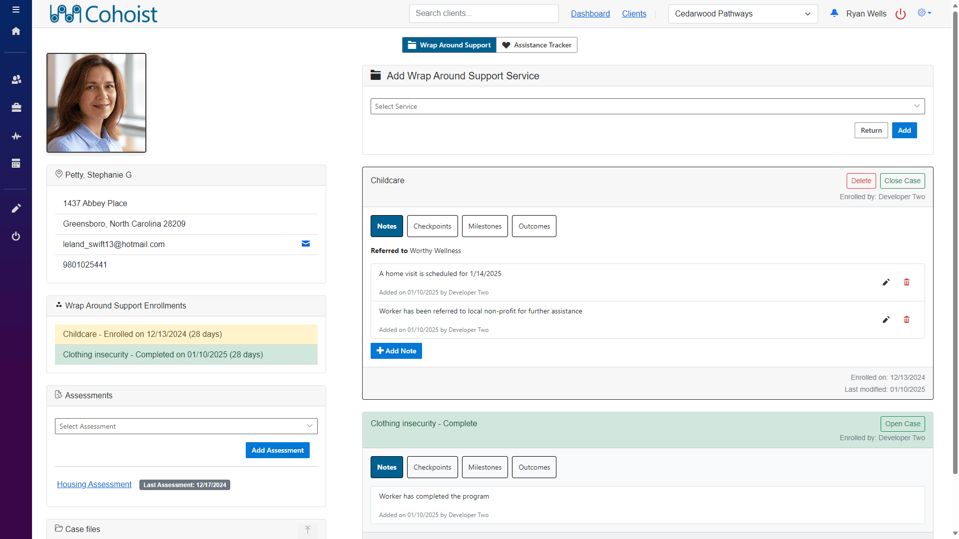 Track case notes, outcomes, and milestones to clearly see each client's journey and impact.